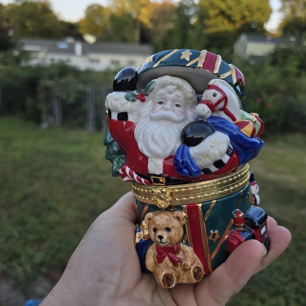 Tradition Christmas Hinged Trinket Box Santa Claus Bear Train Rocking Horse 5"